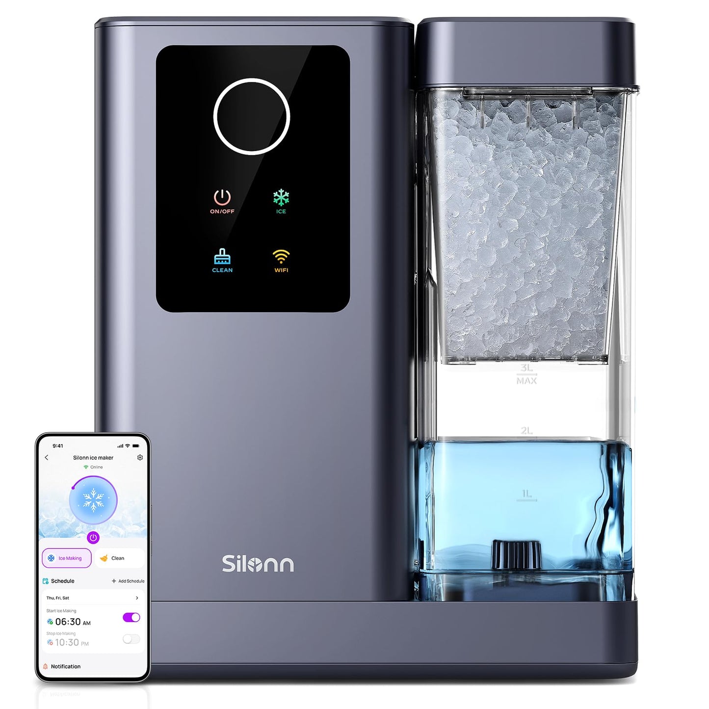 Silonn Ice Maker Countertop, Portable Ice Machine with Carry Handle, Self-Cleaning Ice Makers with Basket and Scoop, 9 Cubes in 6 Mins, 26 lbs per Day, Ideal for Home, Kitchen, Camping, RV