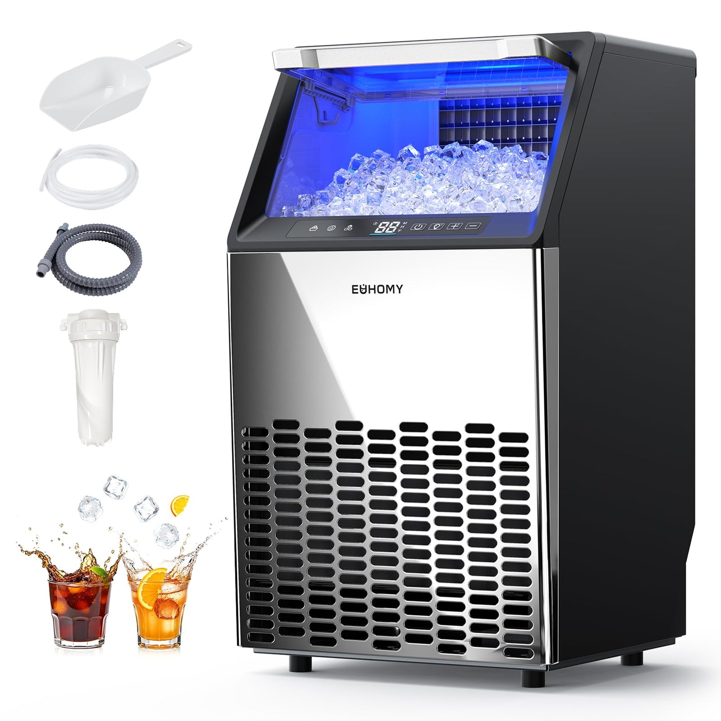 EUHOMY Commercial Ice Maker Machine, 100lbs/24H Stainless Steel Under Counter ice Machine with 33lbs Ice Storage Capacity, Freestanding Ice Maker.