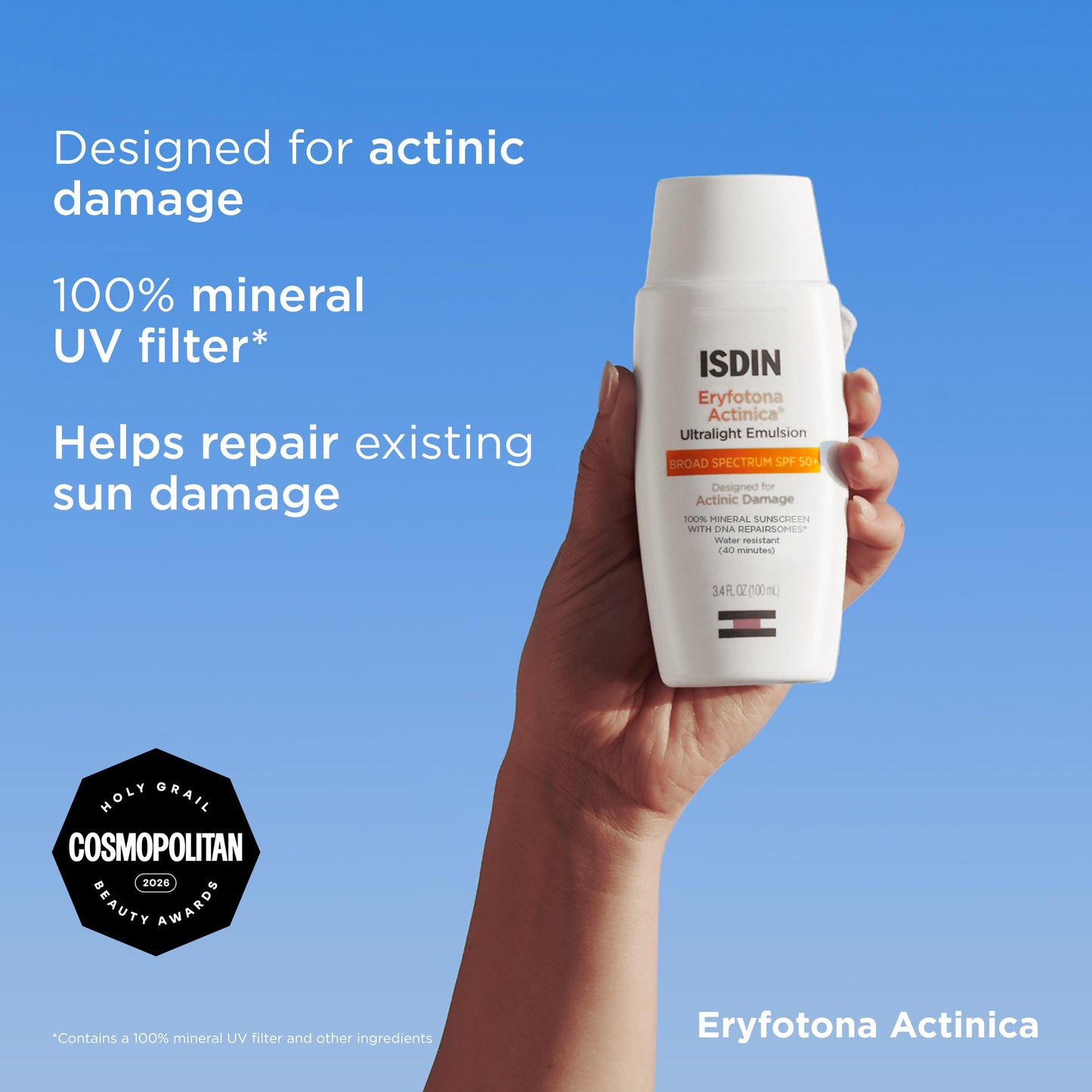 ISDIN Eryfotona Actinica Mineral Face Sunscreen SPF 50+, No White Cast | 100% Mineral UV Filters, Zinc Oxide, Suitable for Sensitive Skin, Non-comedogenic, Dermatologist Recommended