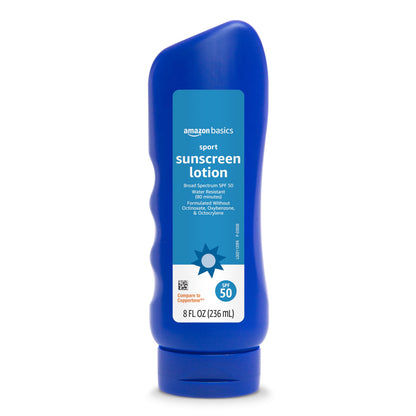 Amazon Basics Sport Sunscreen Lotion SPF 50, Water Resistant (80min), Formulated without Octinoxate & Oxybenzone, Broad Spectrum UVA/UVB Protection, 8 Fluid Ounce