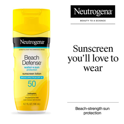 Neutrogena Sunscreen Lotion Beach Defense SPF 50, Face and Body Sunscreen, Hawaii Reef Act 104 Compliant, Octinoxate & Oxybenzone Free, Fast Absorbing Sun Care, 6.7 fl oz