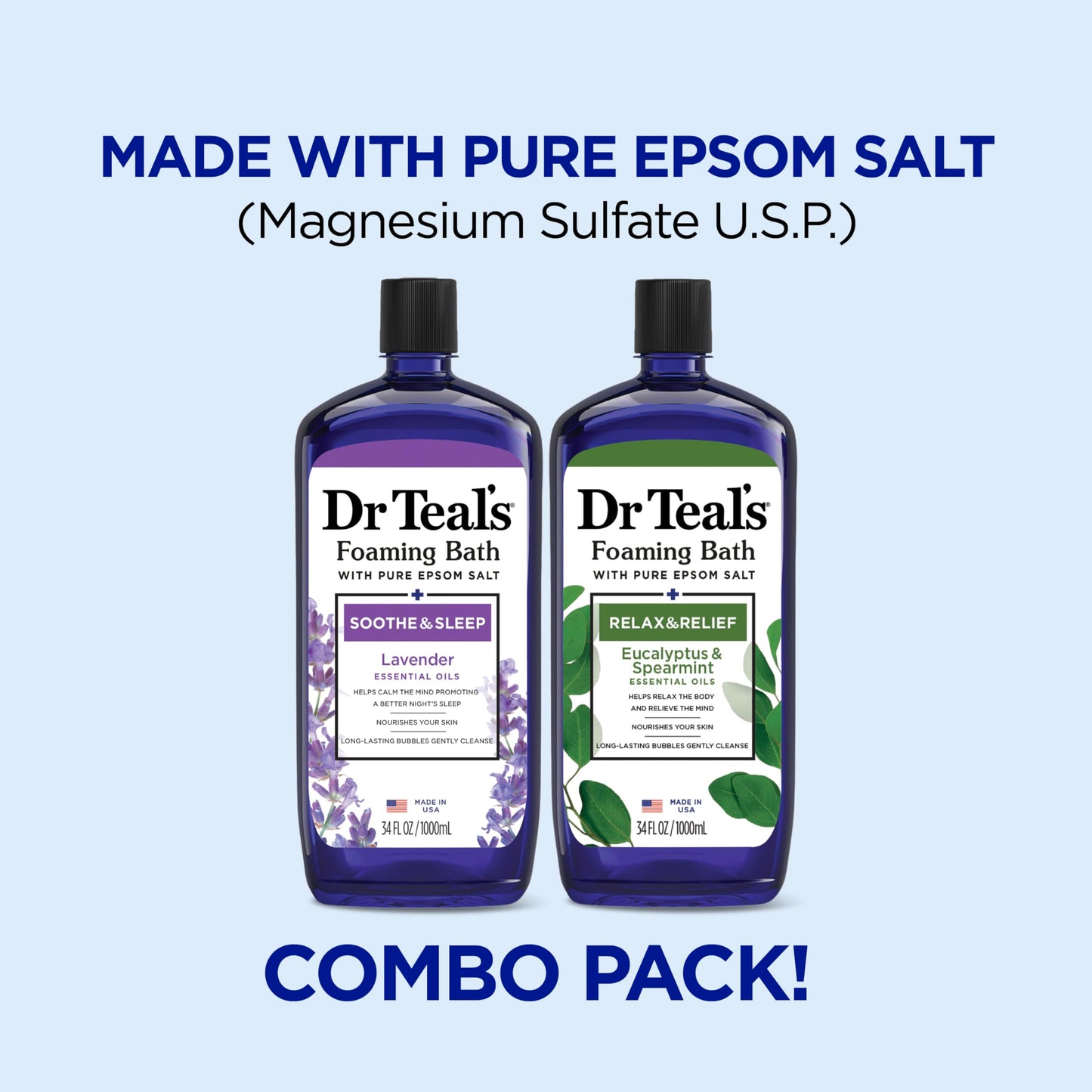 Dr Teal's Foaming Bath with Pure Epsom Salt, Soothe & Sleep with Lavender, 34 fl oz (Pack of 2)