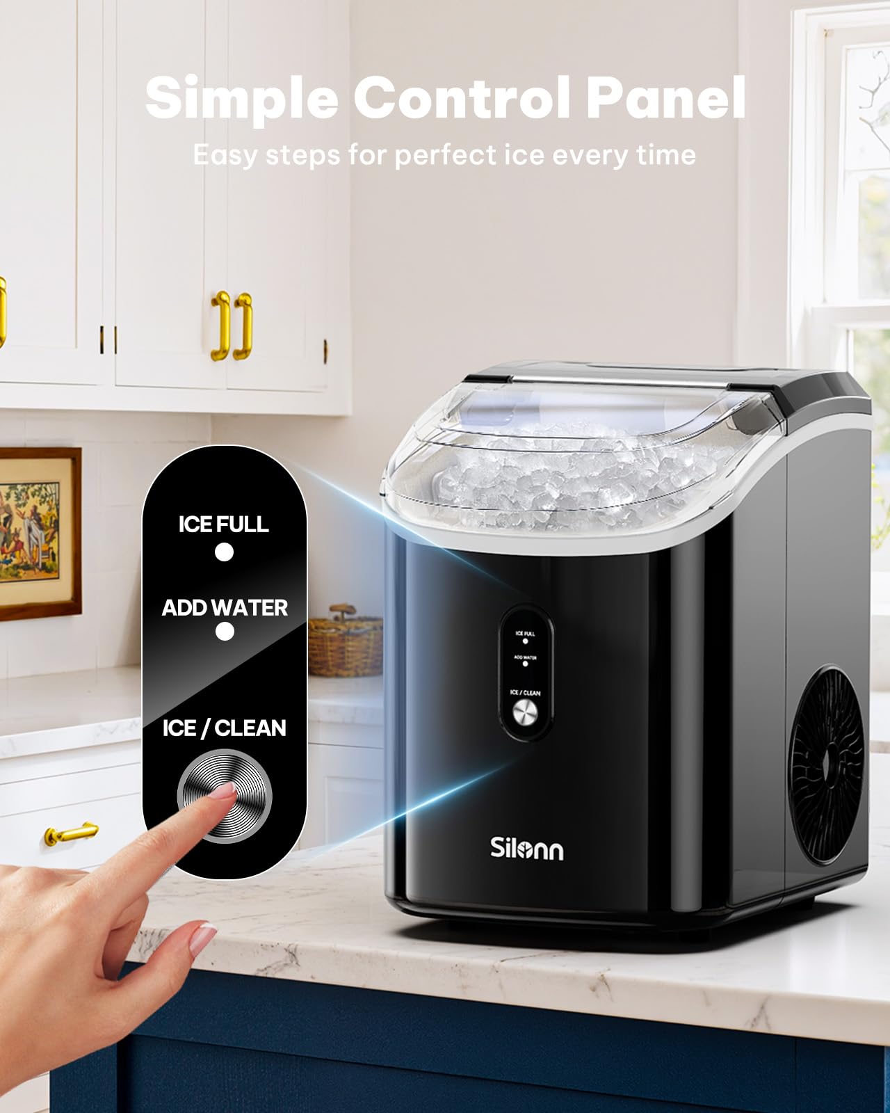 Nugget Ice Maker Countertop, Silonn Chewable Pellet Ice Machine with Self-Cleanin Function, 36lbs/24H Portable Ice Makers for Home Kitchen Officce, Black