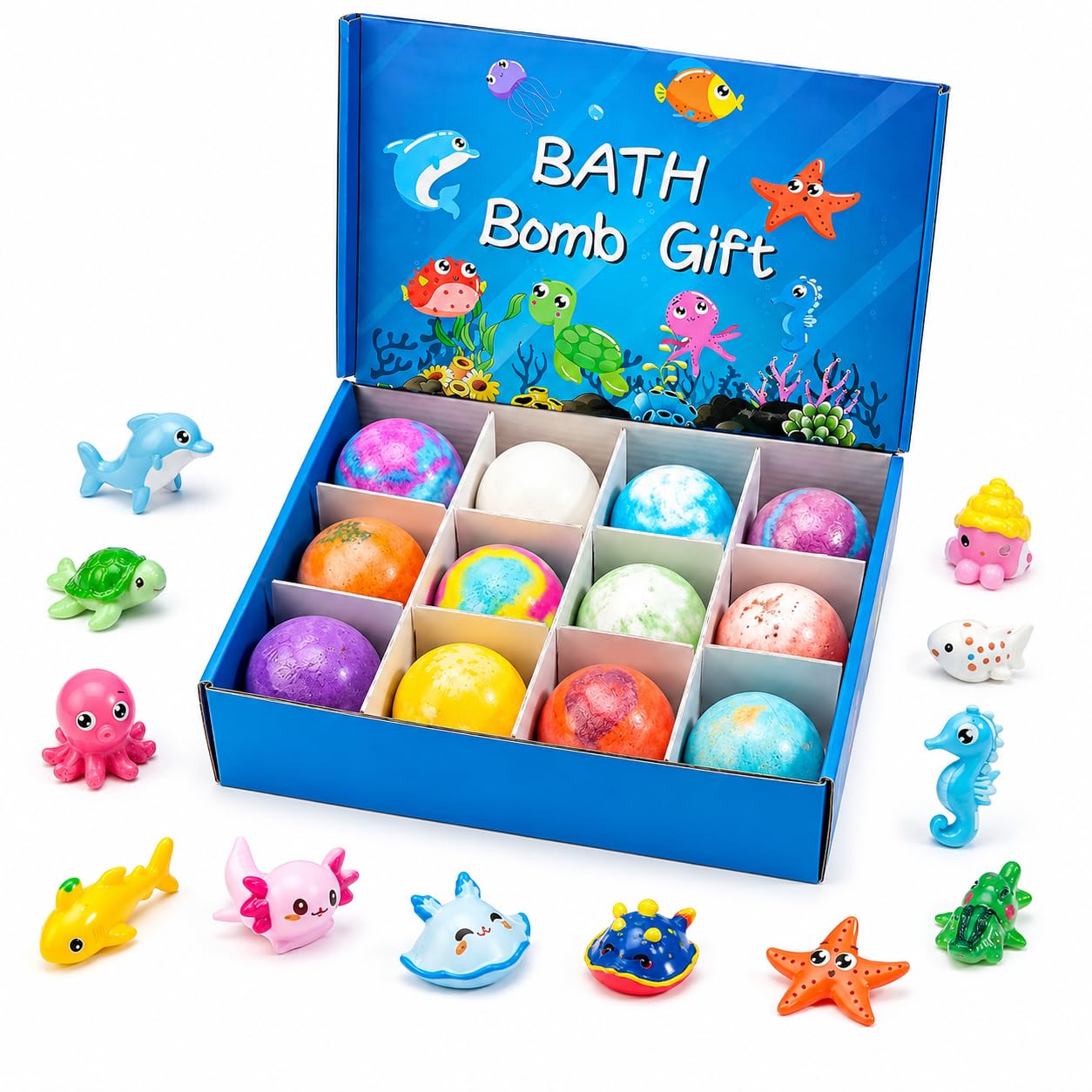 Bath Bombs with Toys Inside, 12 Pack Kids Bath Bombs with Surprise Inside, Play Fizz Bubble Bath Ball, Natural Organic Non Toxic Bath Bomb Gift Set for Boys Girls Toddler (Sea Animal)