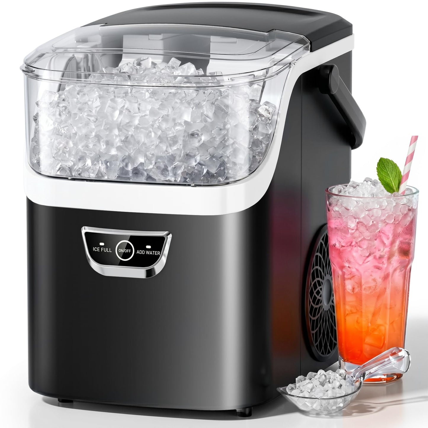 AGLUCKY Nugget Ice Makers Countertop with Handle, Crushed Ice Ready in 5 Mins, 35lbs/Day, Self-Cleaning, Portable Ice Machine with One-Click Operation for Home/Kitchen/Party/RV/Camping