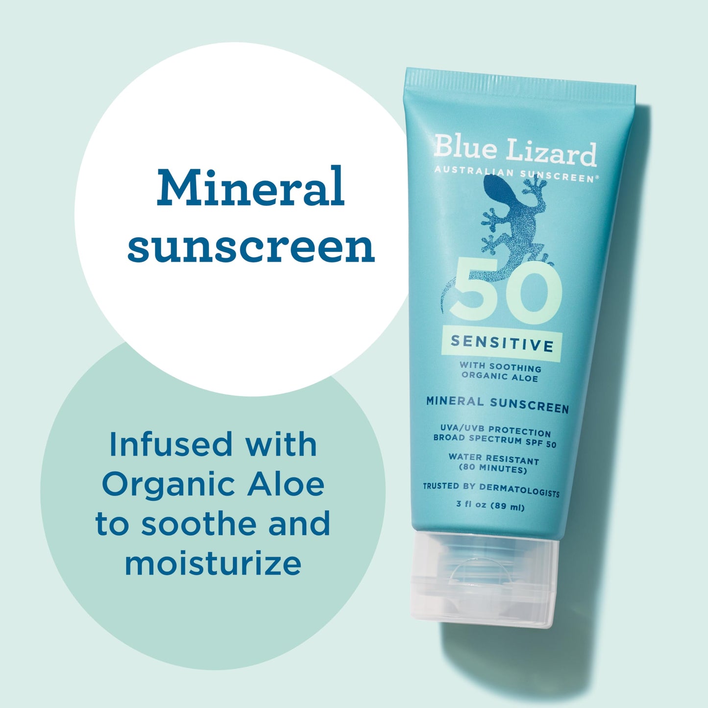 Blue Lizard Sensitive Mineral SPF 50 Sunscreen Lotion, 100% Mineral Sunscreen, UVA/UVB Protection, Infused with organic Aloe Vera, Soothes and Hydrates, 5 fl oz