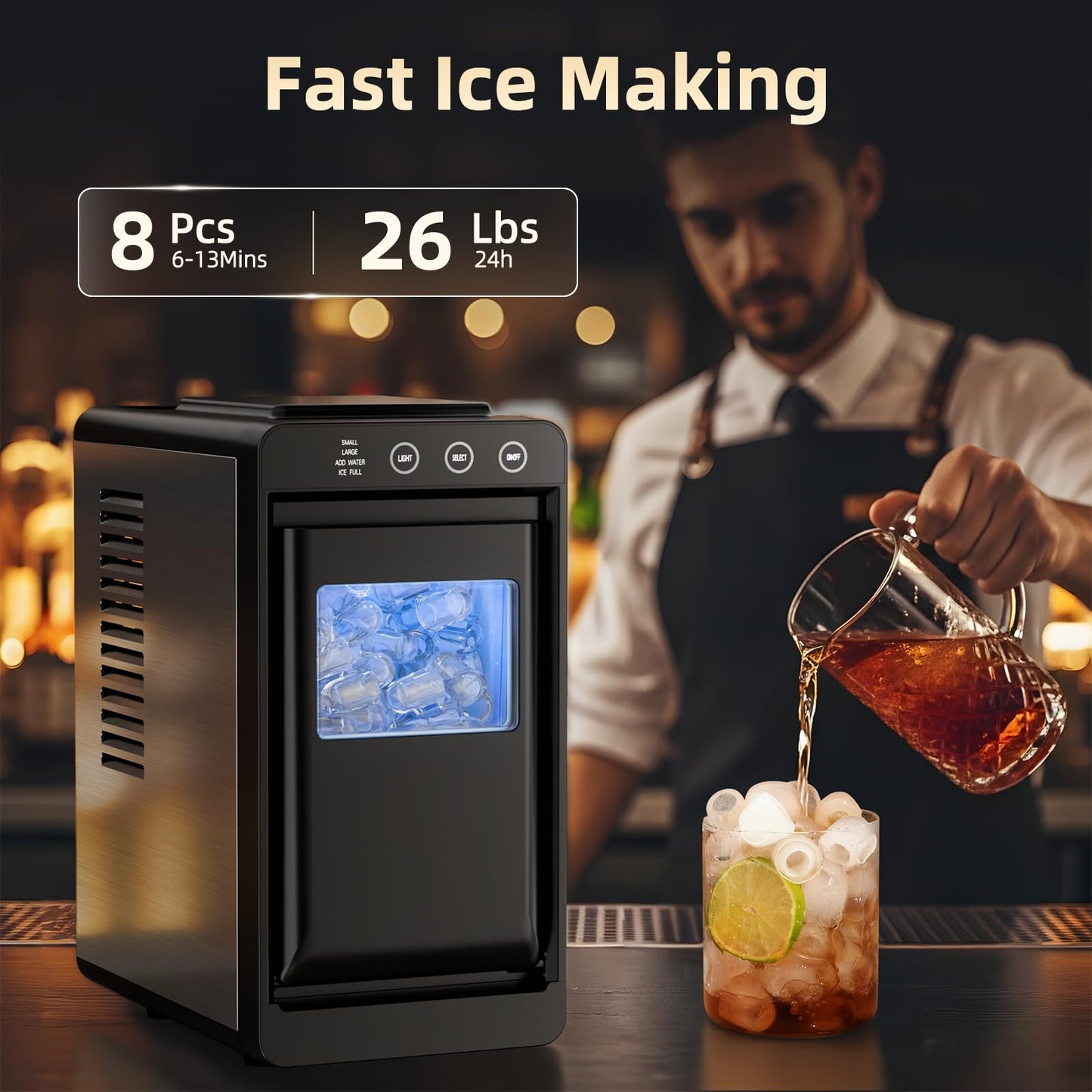 Antarctic Star Ice Maker, Portable Ice Machine with Self-Cleaning Function, 8 Cubes in 6 Mins Fast Countertop Ice Making, Compact Ice Cube Maker for Home, Kitchen, RV, Travel, Stainless Steel