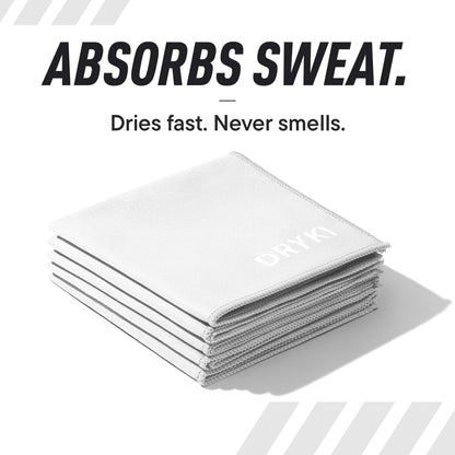 DRYKI Sweat Absorbing Handkerchiefs - The Original Pocket-Sized Sweat Towels - Quick-Dry Microfiber Sweat Rags for Face, Hands, & Body - Men & Women - Gym, Sports, and Work (Black: 5 Pack)