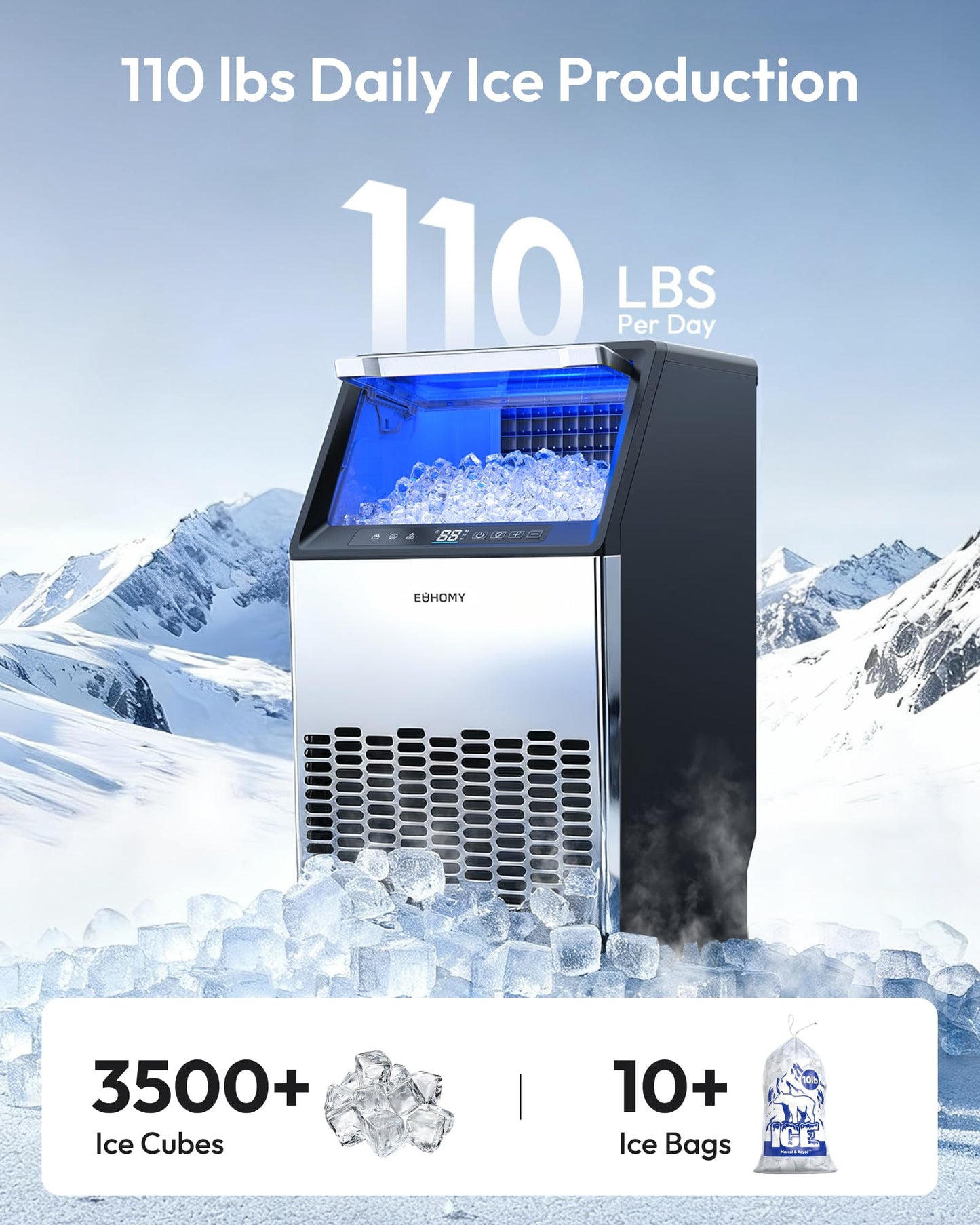 EUHOMY Commercial Ice Maker Machine, 100lbs/24H Stainless Steel Under Counter ice Machine with 33lbs Ice Storage Capacity, Freestanding Ice Maker.