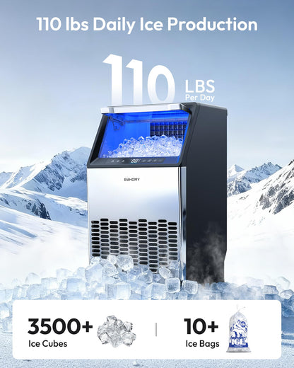 EUHOMY Commercial Ice Maker Machine, 100lbs/24H Stainless Steel Under Counter ice Machine with 33lbs Ice Storage Capacity, Freestanding Ice Maker.