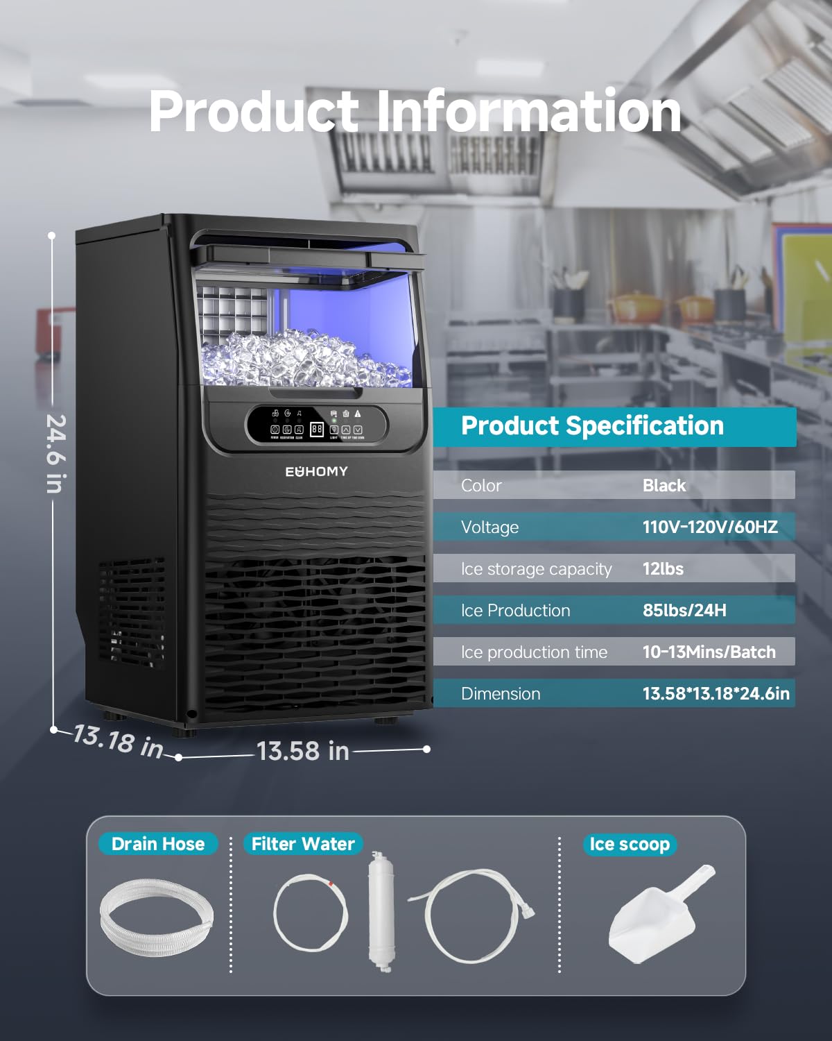 EUHOMY Commercial Ice Maker Machine, 100lbs/24H Stainless Steel Under Counter ice Machine with 33lbs Ice Storage Capacity, Freestanding Ice Maker.