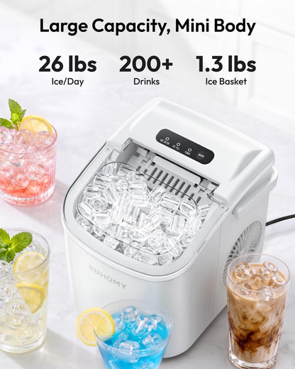 EUHOMY Countertop Ice Maker Machine with Handle, 26lbs Per Day, 9 Ice Cubes Ready in 6 Mins, Auto-Cleaning Portable Ice Maker with Basket and Scoop, for Home/Kitchen/Camping/RV (Purple)