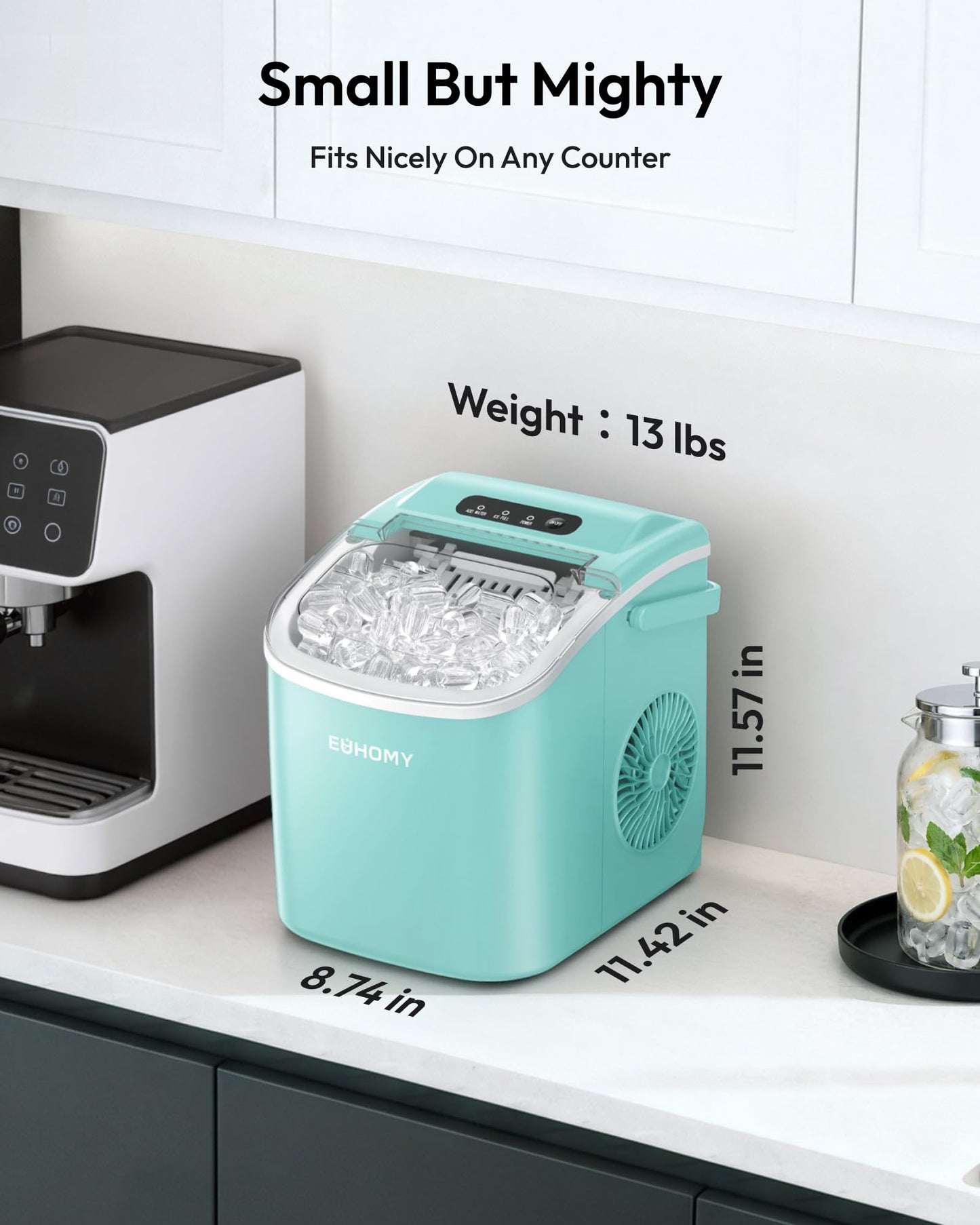 EUHOMY Countertop Ice Maker Machine with Handle, 26lbs Per Day, 9 Ice Cubes Ready in 6 Mins, Auto-Cleaning Portable Ice Maker with Basket and Scoop, for Home/Kitchen/Camping/RV (Purple)