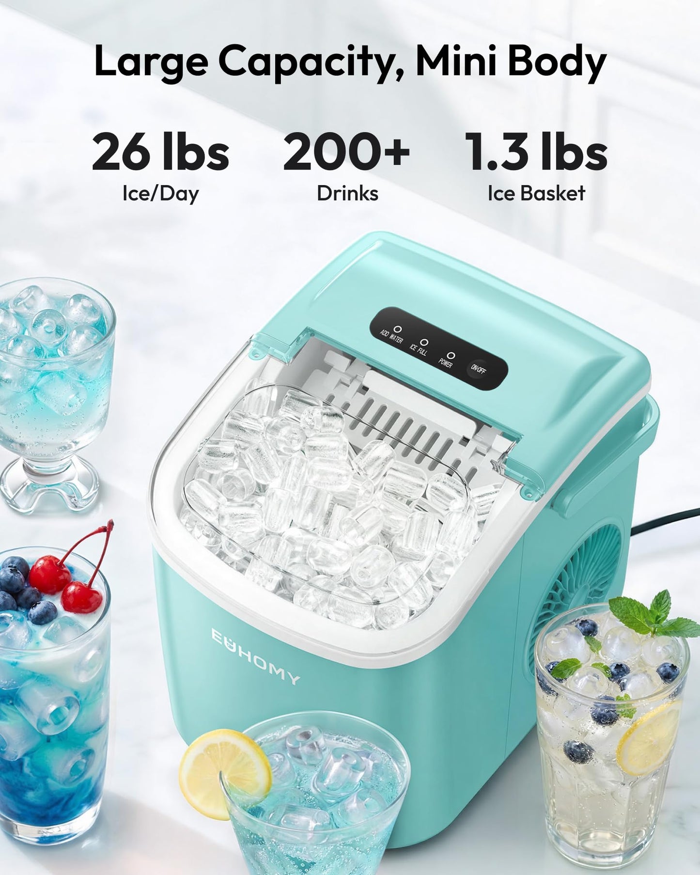 EUHOMY Countertop Ice Maker Machine with Handle, 26lbs Per Day, 9 Ice Cubes Ready in 6 Mins, Auto-Cleaning Portable Ice Maker with Basket and Scoop, for Home/Kitchen/Camping/RV (Purple)