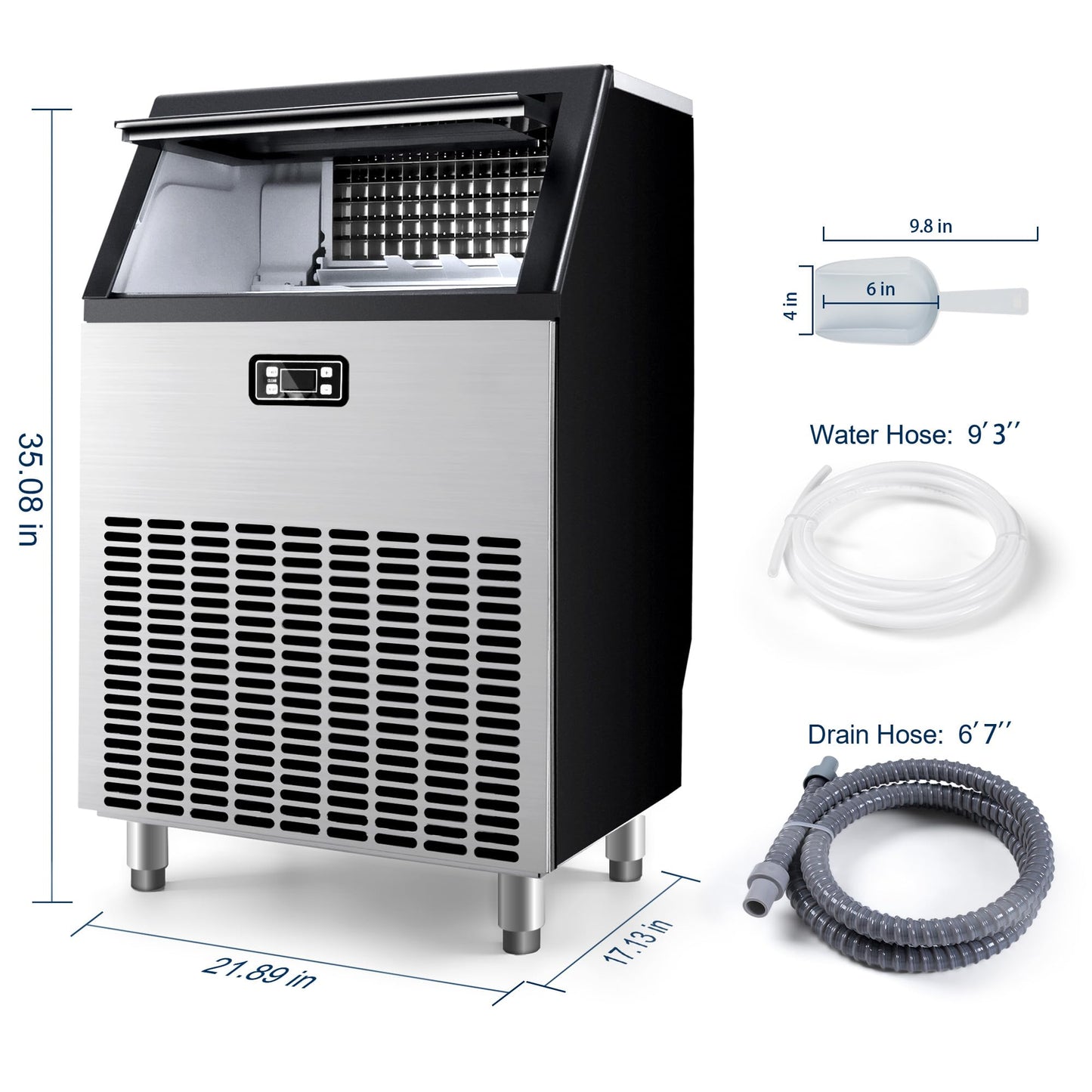 EUHOMY Commercial Ice Maker Machine, 100lbs/24H Stainless Steel Under Counter ice Machine with 33lbs Ice Storage Capacity, Freestanding Ice Maker.