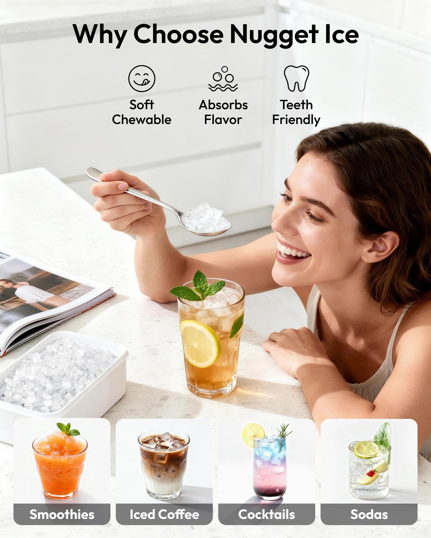 EUHOMY Nugget Ice Maker Countertop with Handle, Ready in 6 Mins, 34lbs Per Day, Removable Top Cover, Auto-Cleaning, Portable Sonic Ice Maker with Basket and Scoop, for Home/Party/RV/Camping (Black)