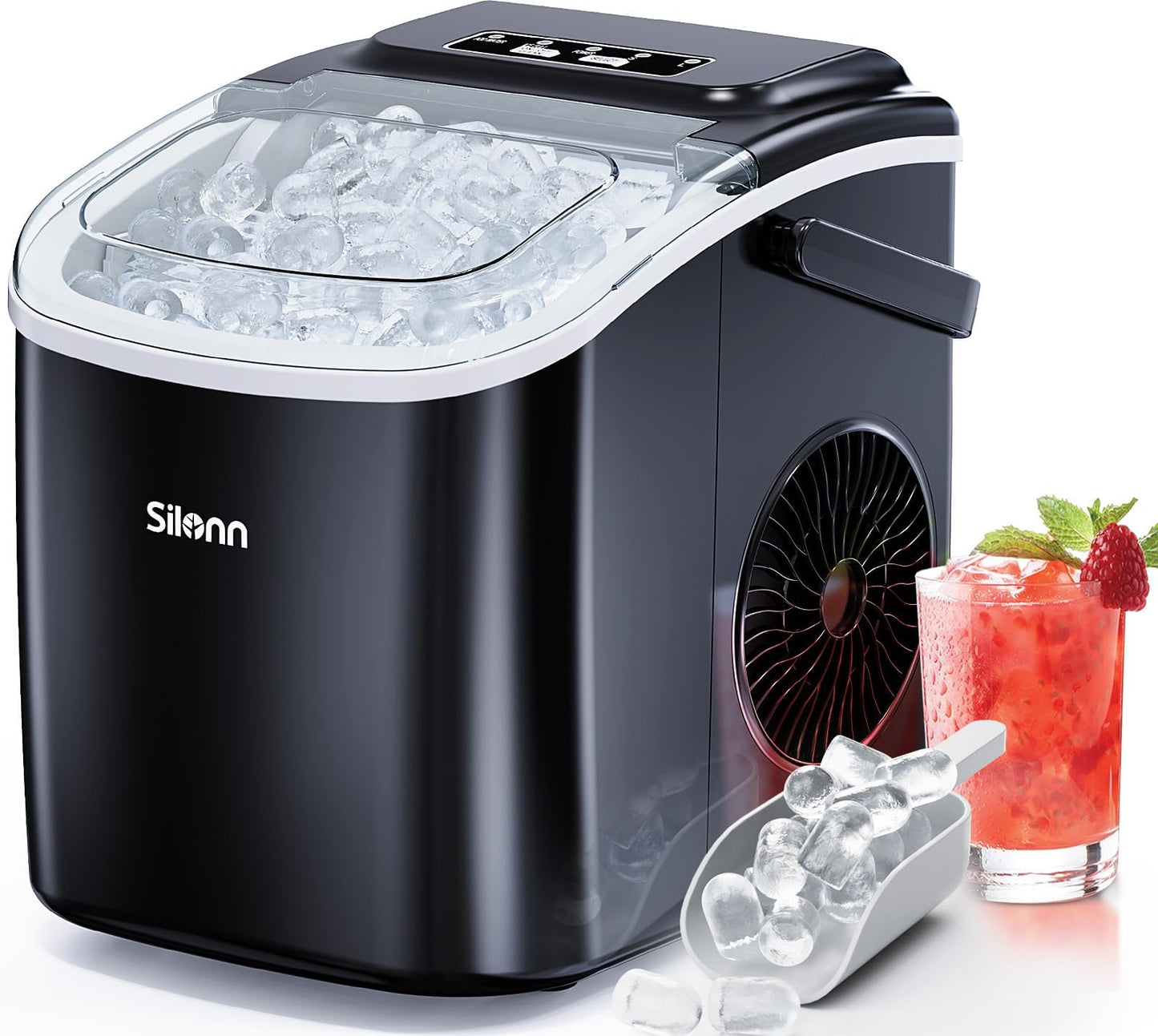 Silonn Ice Maker Countertop, Portable Ice Machine with Carry Handle, Self-Cleaning Ice Makers with Basket and Scoop, 9 Cubes in 6 Mins, 26 lbs per Day, Ideal for Home, Kitchen, Camping, RV