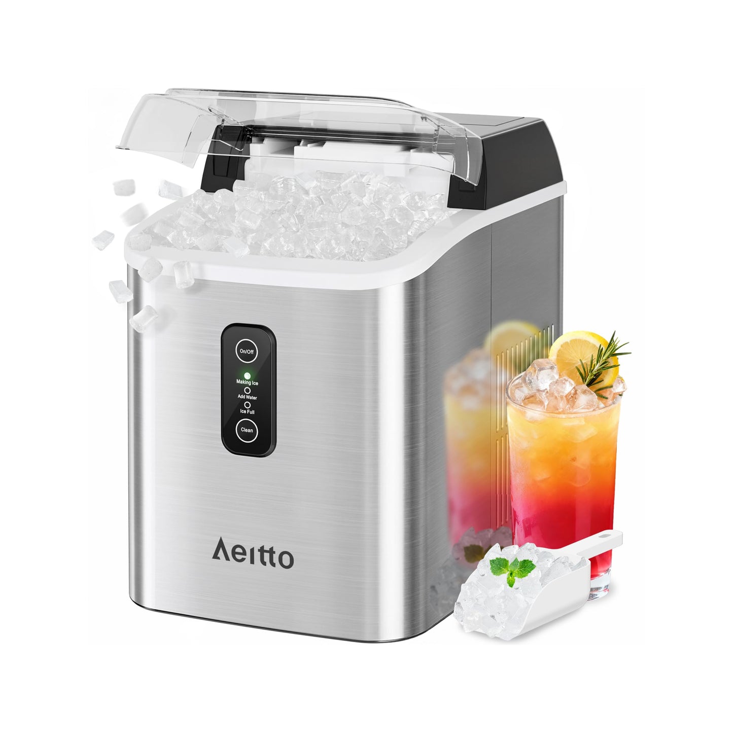 Aeitto Nugget Ice Maker Countertop, 55lbs/Day, Large Capacity Chewable Ice Maker, Rapid Ice Release in 5 Mins, Self-Cleaning with Stainless Steel Housing Ice Machine for Home Office and Party, Silver
