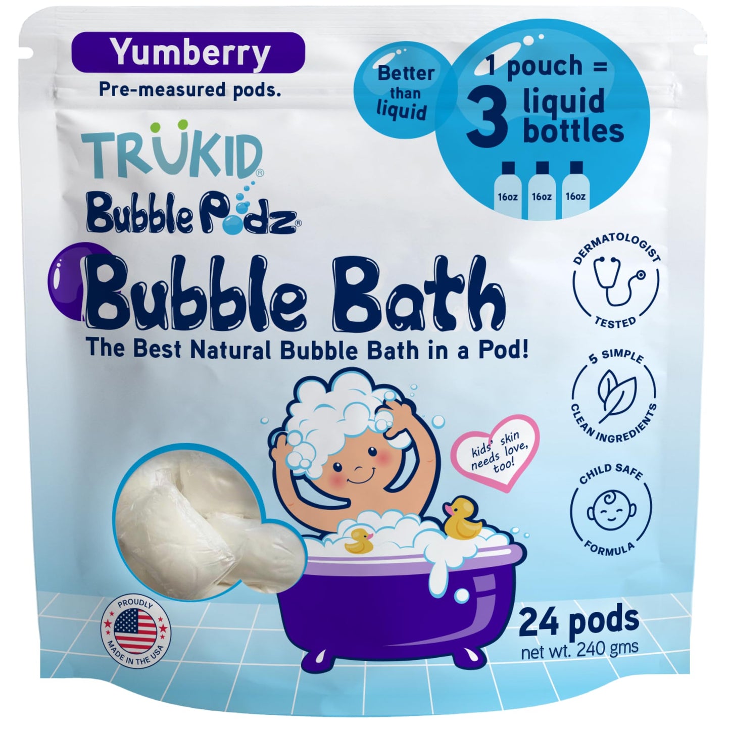TruKid Bubble Podz Bubble Bath for Kids, Toddlers, & Babies, Tear Free Gentle & Refreshing Bath Bomb for Sensitive Skin with Natural Moisturizers, Non-Toxic, pH Balanced, Lavender Scent (24 Podz)