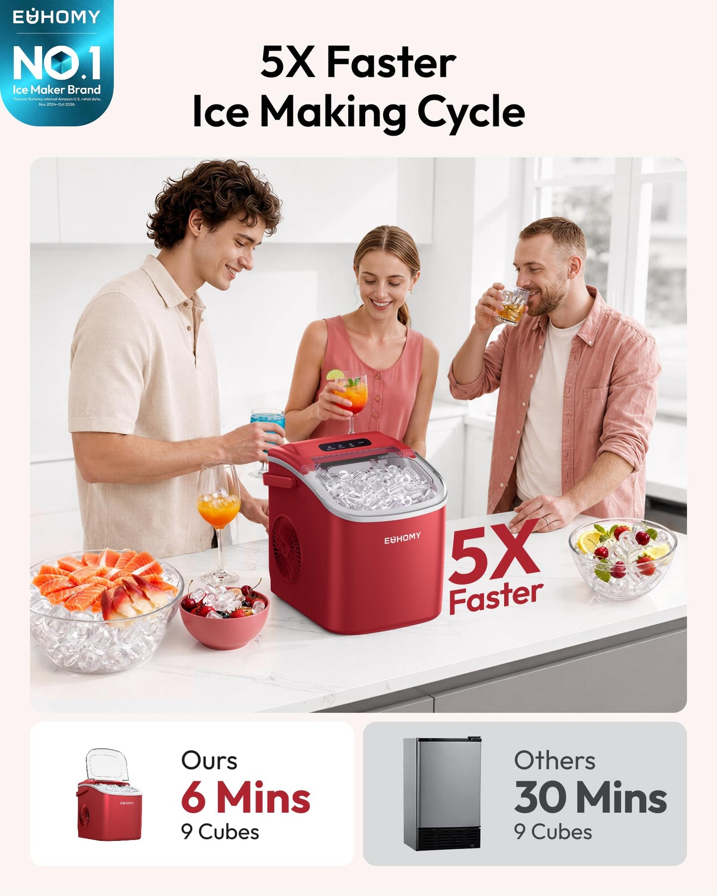 EUHOMY Countertop Ice Maker Machine with Handle, 26lbs Per Day, 9 Ice Cubes Ready in 6 Mins, Auto-Cleaning Portable Ice Maker with Basket and Scoop, for Home/Kitchen/Camping/RV (Purple)