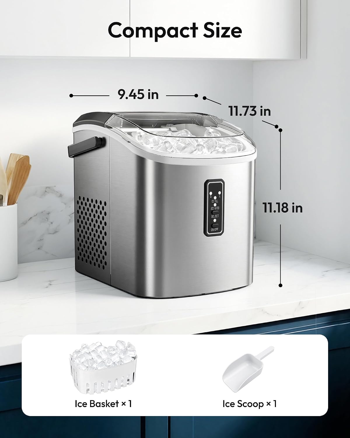 EUHOMY Ice Maker Countertop, 9 Cubes Ready in 6 Mins, 26lbs/24H, Self-Cleaning, Portable Ice Maker Machine with Carry Handle, Basket and Scoop, 2 Sizes of Bullet Ice for Home, Kitchen, Office
