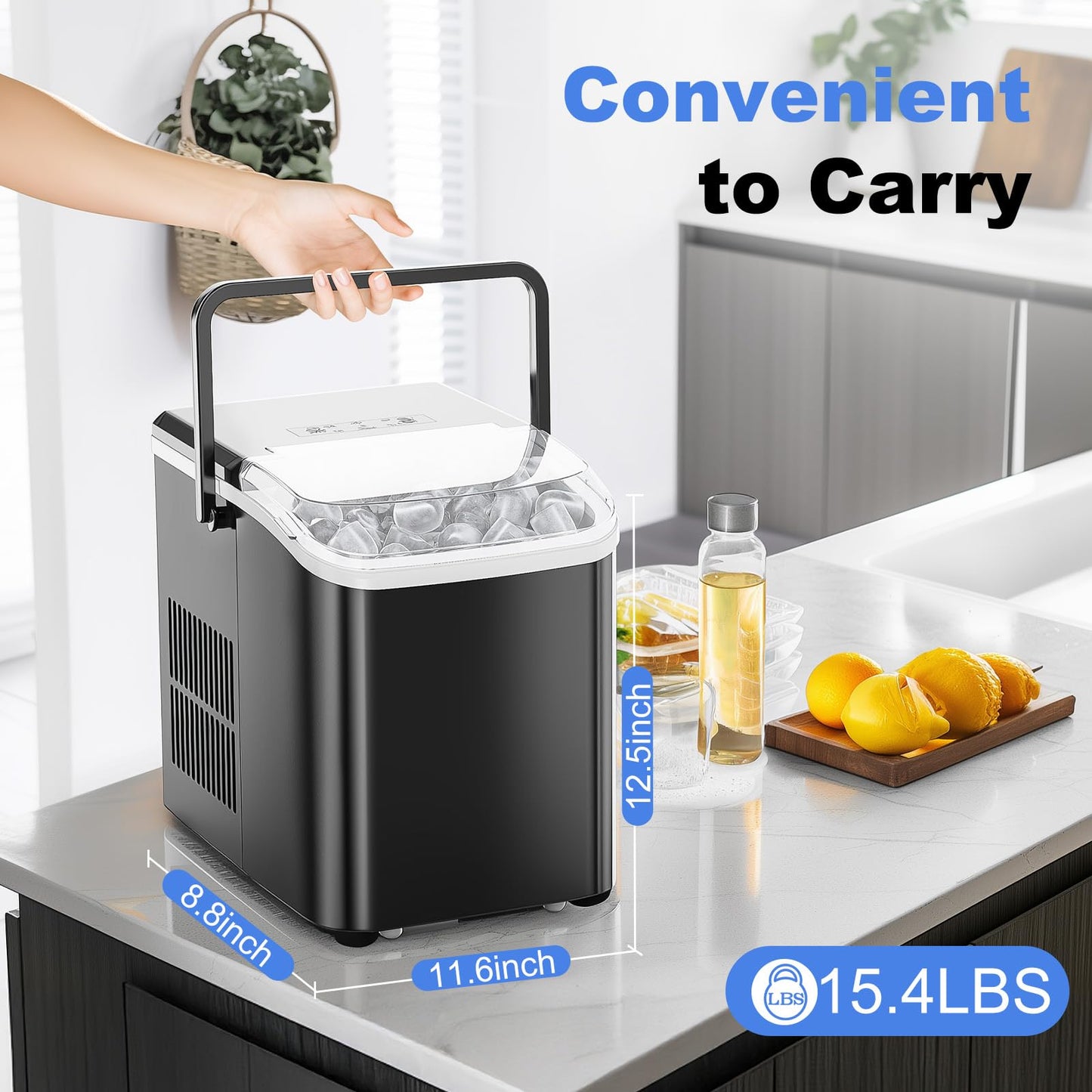 NEWBULIG Ice Makers Countertop with Handle, Portable Ice Machine, 9 Bullet Ice Cubes in 6 Mins, 26lbs in 24Hrs, Auto-Cleaning, with Basket and Scoop, for Home, Kitchen, RV, Camping,Black