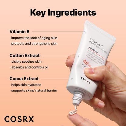 COSRX Vitamin E Sunscreen for Oily Skin SPF 50, Natural Glow Face Sunscreen, Lightweight, Non-Sticky, No White Cast, Hydrating, Beach Essentials, Summer Travel Essentials, Korean Skincare,1.69 fl oz