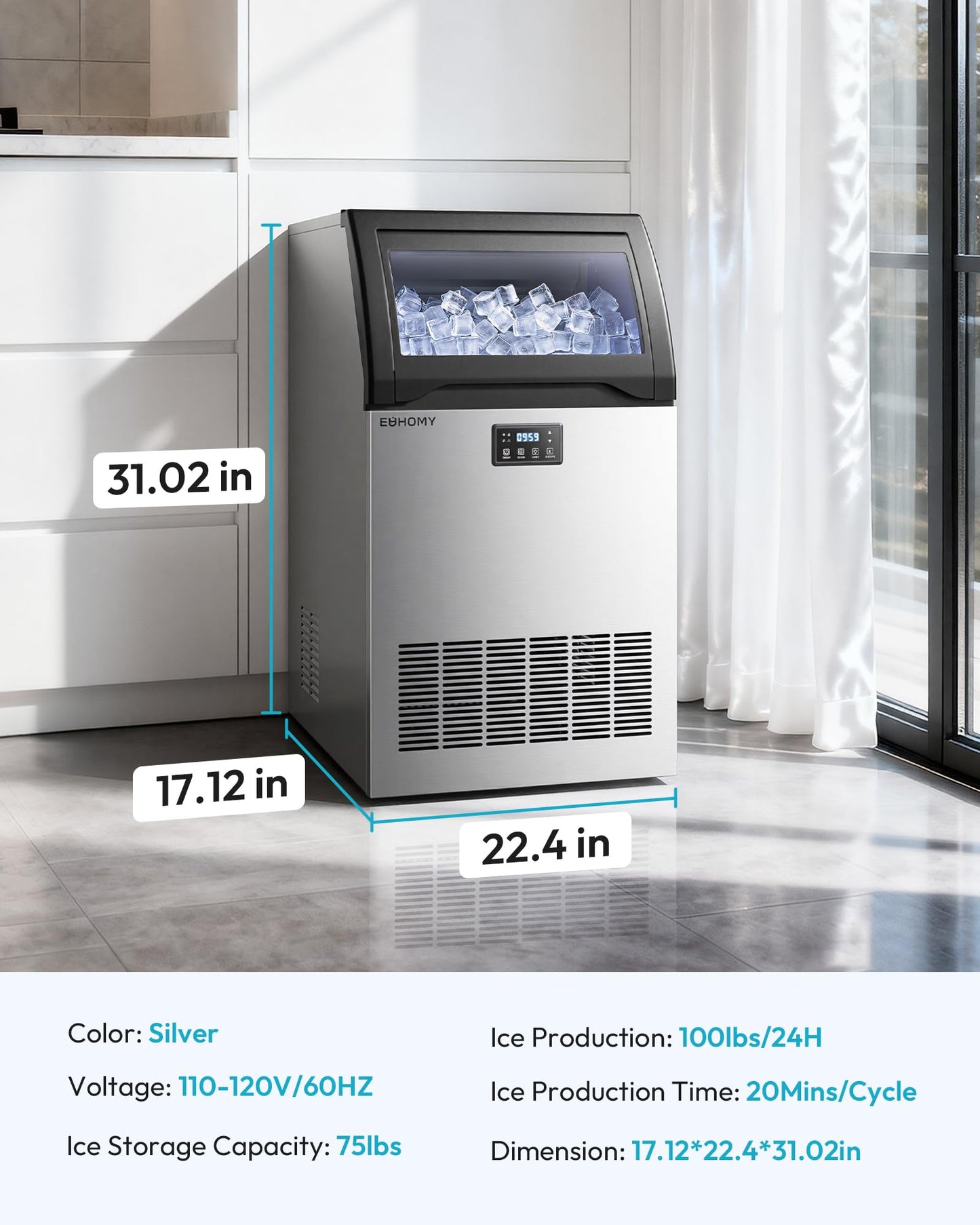 EUHOMY Commercial Ice Maker Machine, 100lbs/24H Stainless Steel Under Counter ice Machine with 33lbs Ice Storage Capacity, Freestanding Ice Maker.