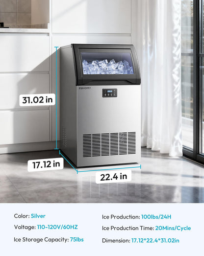 EUHOMY Commercial Ice Maker Machine, 100lbs/24H Stainless Steel Under Counter ice Machine with 33lbs Ice Storage Capacity, Freestanding Ice Maker.