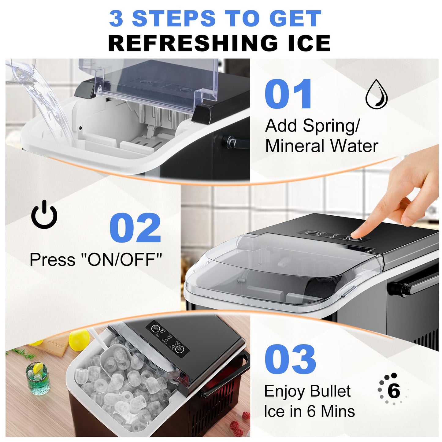NEWBULIG Ice Makers Countertop with Handle, Portable Ice Machine, 9 Bullet Ice Cubes in 6 Mins, 26lbs in 24Hrs, Auto-Cleaning, with Basket and Scoop, for Home, Kitchen, RV, Camping,Black