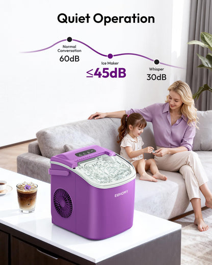 EUHOMY Countertop Ice Maker Machine with Handle, 26lbs Per Day, 9 Ice Cubes Ready in 6 Mins, Auto-Cleaning Portable Ice Maker with Basket and Scoop, for Home/Kitchen/Camping/RV (Purple)