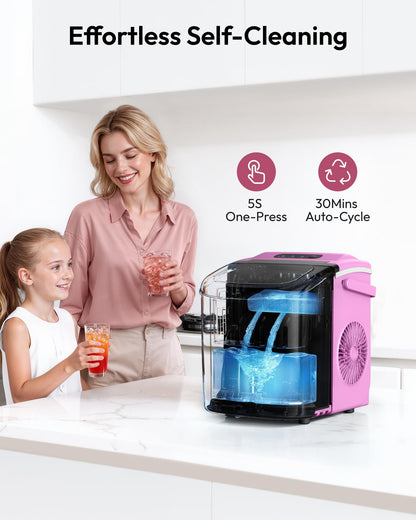 EUHOMY Countertop Ice Maker Machine with Handle, 26lbs Per Day, 9 Ice Cubes Ready in 6 Mins, Auto-Cleaning Portable Ice Maker with Basket and Scoop, for Home/Kitchen/Camping/RV (Purple)