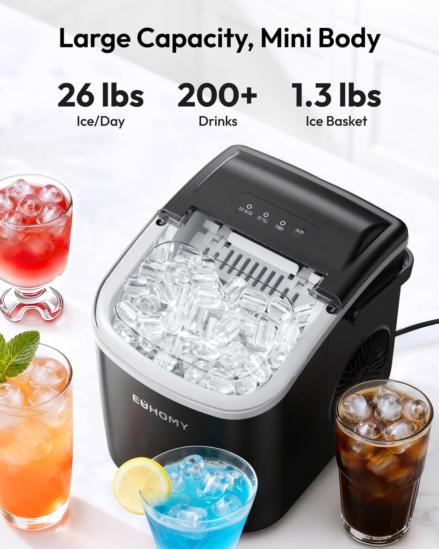 EUHOMY Countertop Ice Maker Machine with Handle, 26lbs Per Day, 9 Ice Cubes Ready in 6 Mins, Auto-Cleaning Portable Ice Maker with Basket and Scoop, for Home/Kitchen/Camping/RV (Purple)