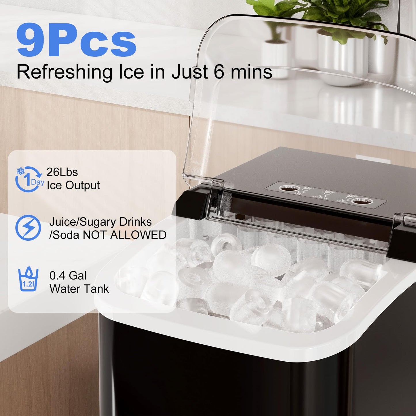 NEWBULIG Ice Makers Countertop with Handle, Portable Ice Machine, 9 Bullet Ice Cubes in 6 Mins, 26lbs in 24Hrs, Auto-Cleaning, with Basket and Scoop, for Home, Kitchen, RV, Camping,Black