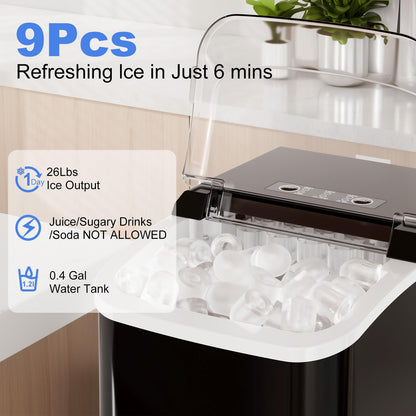 NEWBULIG Ice Makers Countertop with Handle, Portable Ice Machine, 9 Bullet Ice Cubes in 6 Mins, 26lbs in 24Hrs, Auto-Cleaning, with Basket and Scoop, for Home, Kitchen, RV, Camping,Black