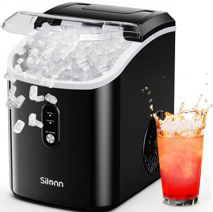 Nugget Ice Maker Countertop, Silonn Chewable Pellet Ice Machine with Self-Cleanin Function, 36lbs/24H Portable Ice Makers for Home Kitchen Officce, Black