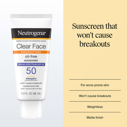 Neutrogena Clear Face Sunscreen Lotion SPF 50 for Acne-Prone Skin Broad Spectrum UVA UVB Protection Oil-Free No-Fragrance No-Oxybenzone Water-Resistant Daily Face Moisturizer, 3 fl oz