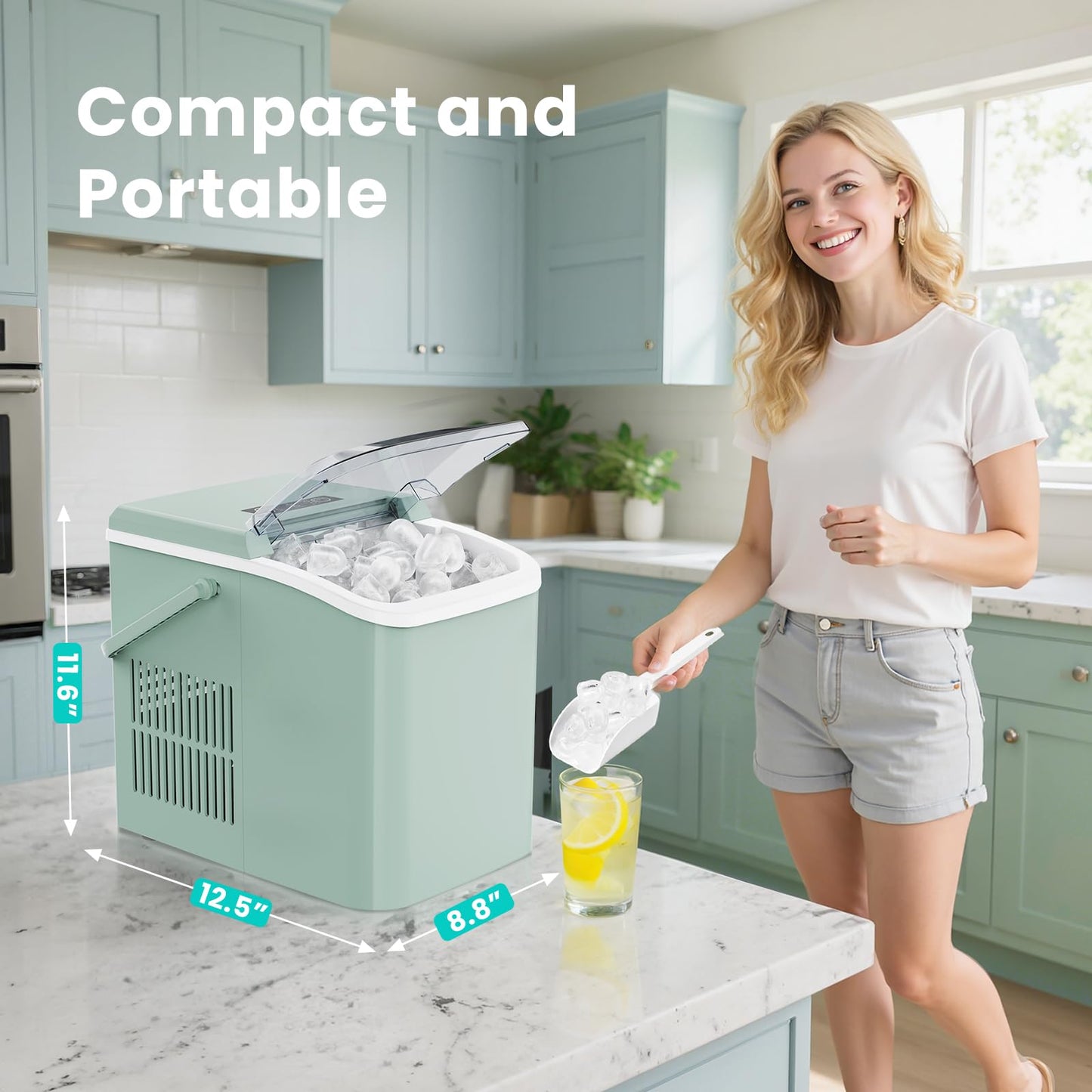 OLIXIS Countertop Ice Maker Machine with Handle, Auto-Cleaning Portable Ice Maker with Basket & Scoop, 26lbs in 24Hrs & 9 Cubes in 6 Mins, 2 Cube Sizes, for Home Party Camping RV, Black
