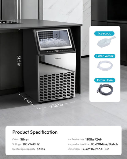 EUHOMY Commercial Ice Maker Machine, 100lbs/24H Stainless Steel Under Counter ice Machine with 33lbs Ice Storage Capacity, Freestanding Ice Maker.