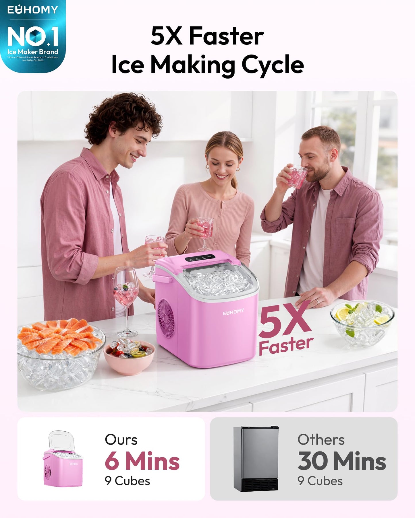 EUHOMY Countertop Ice Maker Machine with Handle, 26lbs Per Day, 9 Ice Cubes Ready in 6 Mins, Auto-Cleaning Portable Ice Maker with Basket and Scoop, for Home/Kitchen/Camping/RV (Purple)