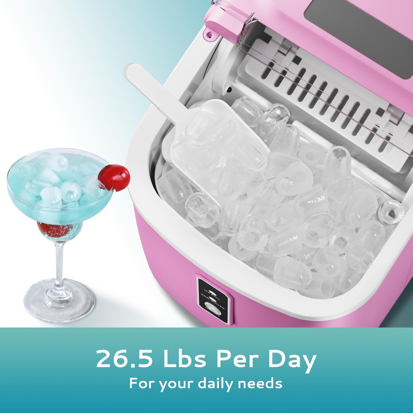 EUHOMY Ice Maker Countertop, Portable Ice Machine with Carry Handle, 26.5lbs Per Day, 9 Cubes in 6 Mins, Auto-Cleaning, with Basket and Scoop, for Home, Kitchen, Camping, RV (Silver)