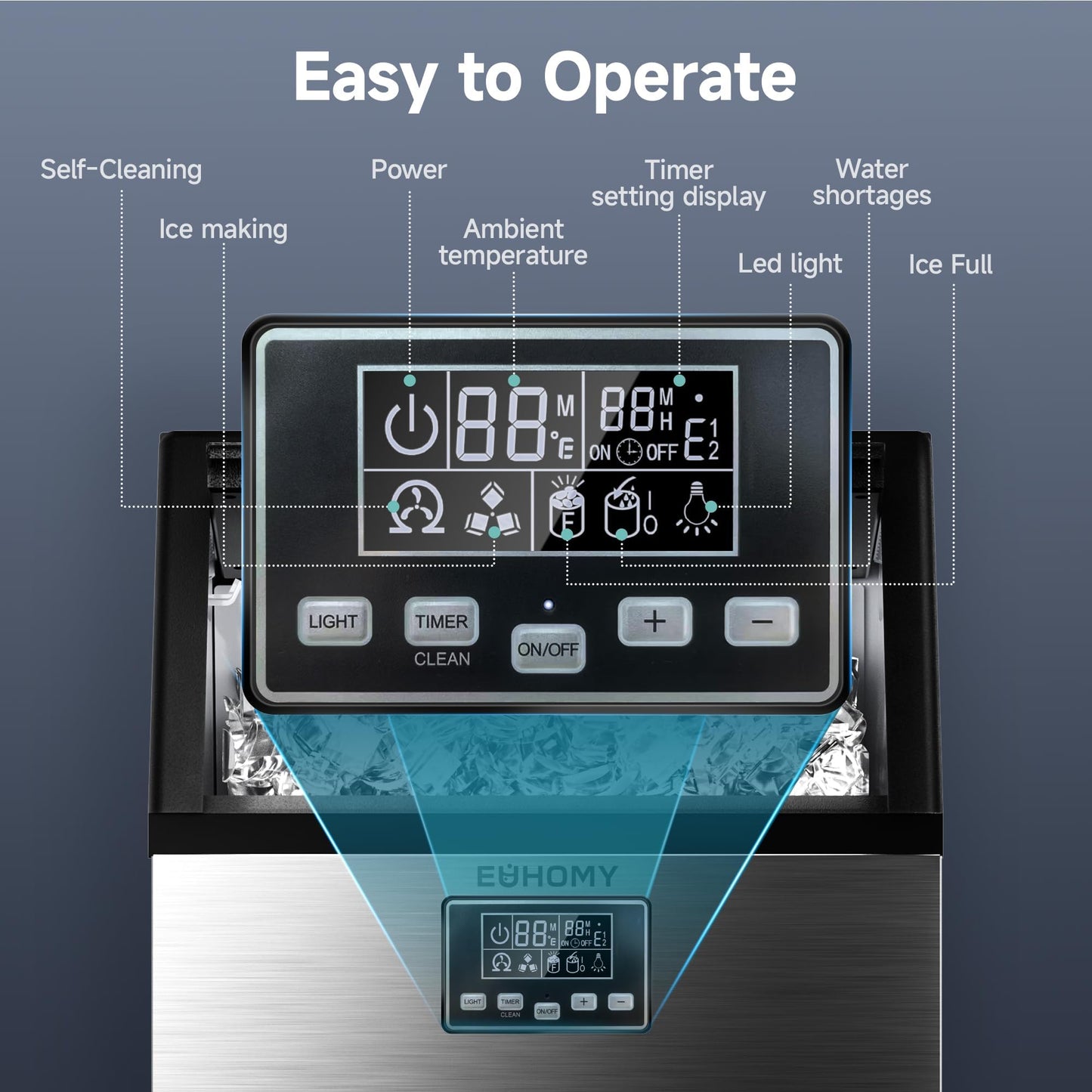 EUHOMY Commercial Ice Maker Machine, 100lbs/24H Stainless Steel Under Counter ice Machine with 33lbs Ice Storage Capacity, Freestanding Ice Maker.