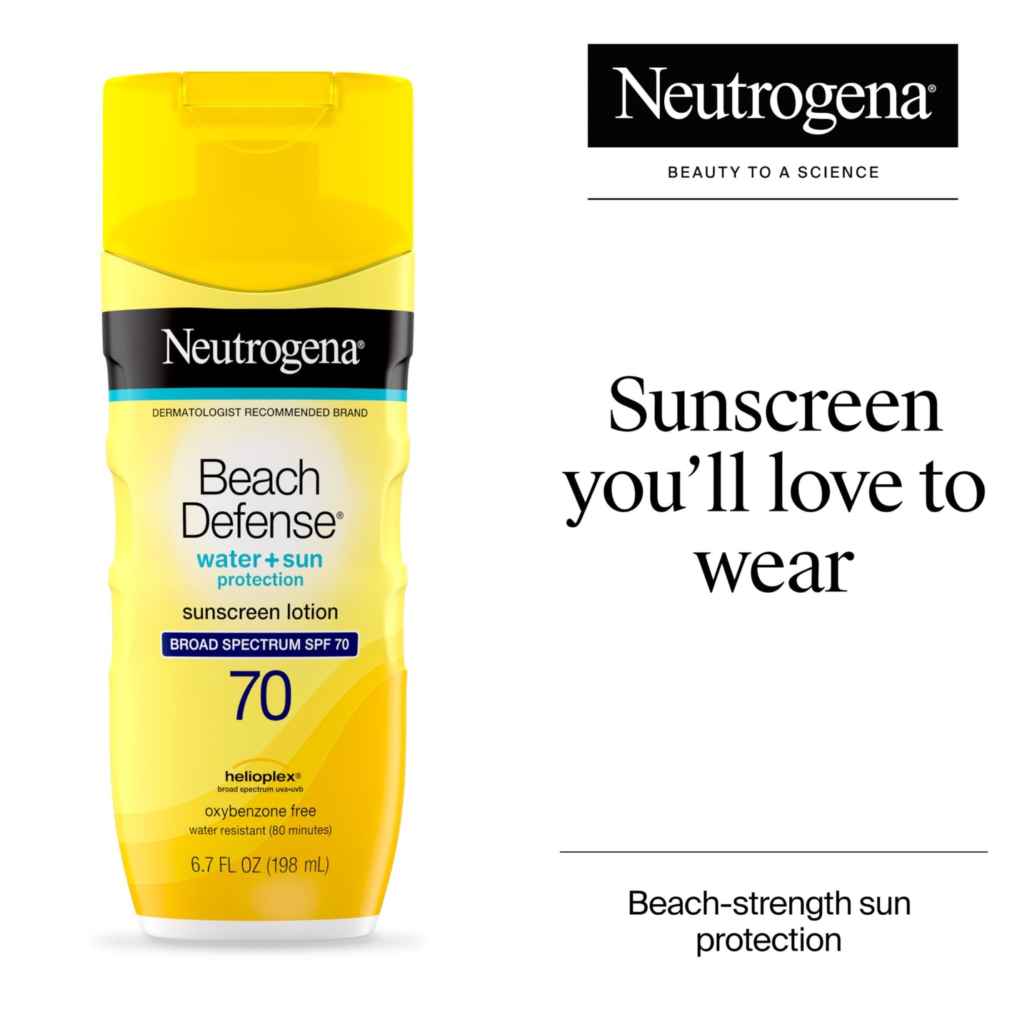 Neutrogena Beach Defense Sunscreen Lotion SPF 70 Broad Spectrum UVA UVB Protection Lightweight Water Resistant up to 80 Minutes Beach-Strength Sun Protection for Whole Family, 6.7 fl oz