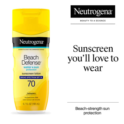 Neutrogena Beach Defense Sunscreen Lotion SPF 70 Broad Spectrum UVA UVB Protection Lightweight Water Resistant up to 80 Minutes Beach-Strength Sun Protection for Whole Family, 6.7 fl oz