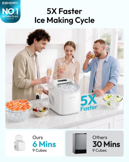 EUHOMY Countertop Ice Maker Machine with Handle, 26lbs Per Day, 9 Ice Cubes Ready in 6 Mins, Auto-Cleaning Portable Ice Maker with Basket and Scoop, for Home/Kitchen/Camping/RV (Purple)