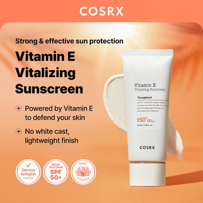 COSRX Vitamin E Sunscreen for Oily Skin SPF 50, Natural Glow Face Sunscreen, Lightweight, Non-Sticky, No White Cast, Hydrating, Beach Essentials, Summer Travel Essentials, Korean Skincare,1.69 fl oz