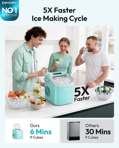 EUHOMY Countertop Ice Maker Machine with Handle, 26lbs Per Day, 9 Ice Cubes Ready in 6 Mins, Auto-Cleaning Portable Ice Maker with Basket and Scoop, for Home/Kitchen/Camping/RV (Purple)