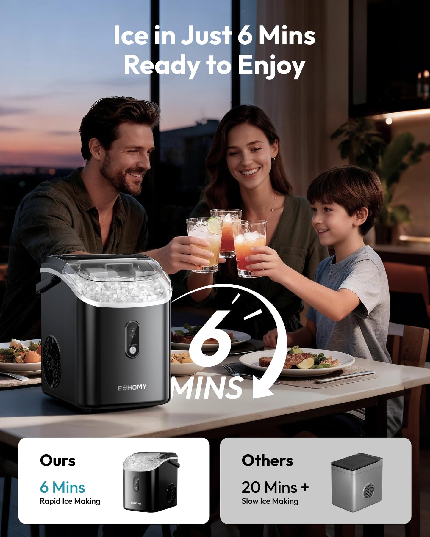 EUHOMY Nugget Ice Maker Countertop with Handle, Ready in 6 Mins, 34lbs Per Day, Removable Top Cover, Auto-Cleaning, Portable Sonic Ice Maker with Basket and Scoop, for Home/Party/RV/Camping (Black)