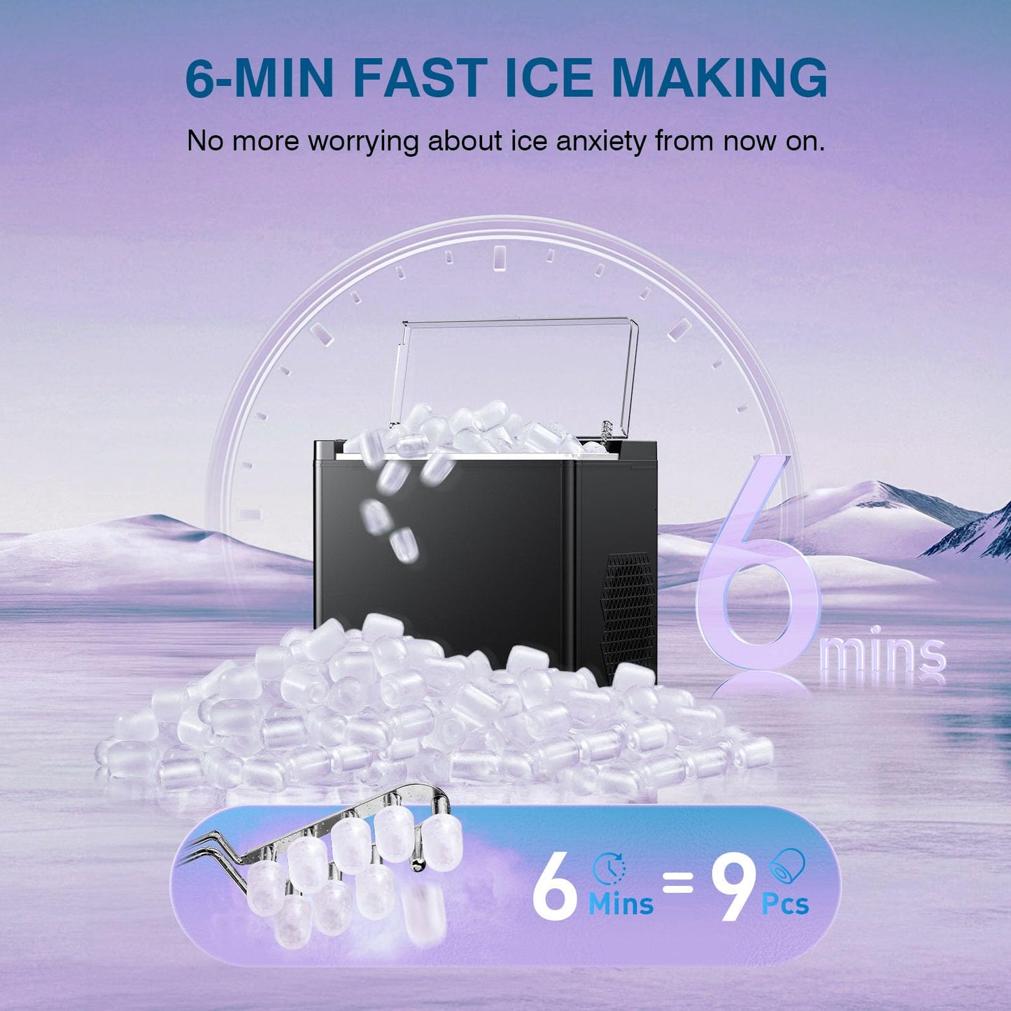 Countertop Ice Makers Machine, Portable Ice Machine Producing 9 Ice Cubes Within 6 Mins, Bullet Ice Available in Two Sizes(S/L), Compact Mini Ice Maker Appliance for Home Kitchen Camping (Soot)