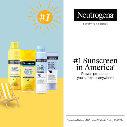 Neutrogena Beach Defense Sunscreen Lotion SPF 70 Broad Spectrum UVA UVB Protection Lightweight Water Resistant up to 80 Minutes Beach-Strength Sun Protection for Whole Family, 6.7 fl oz